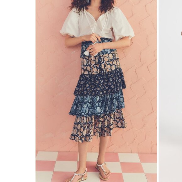 Figue | Antoinette Midi Skirt Silk Mixed Print Batik Tiered Button Front Size 6 - Picture 2 of 13